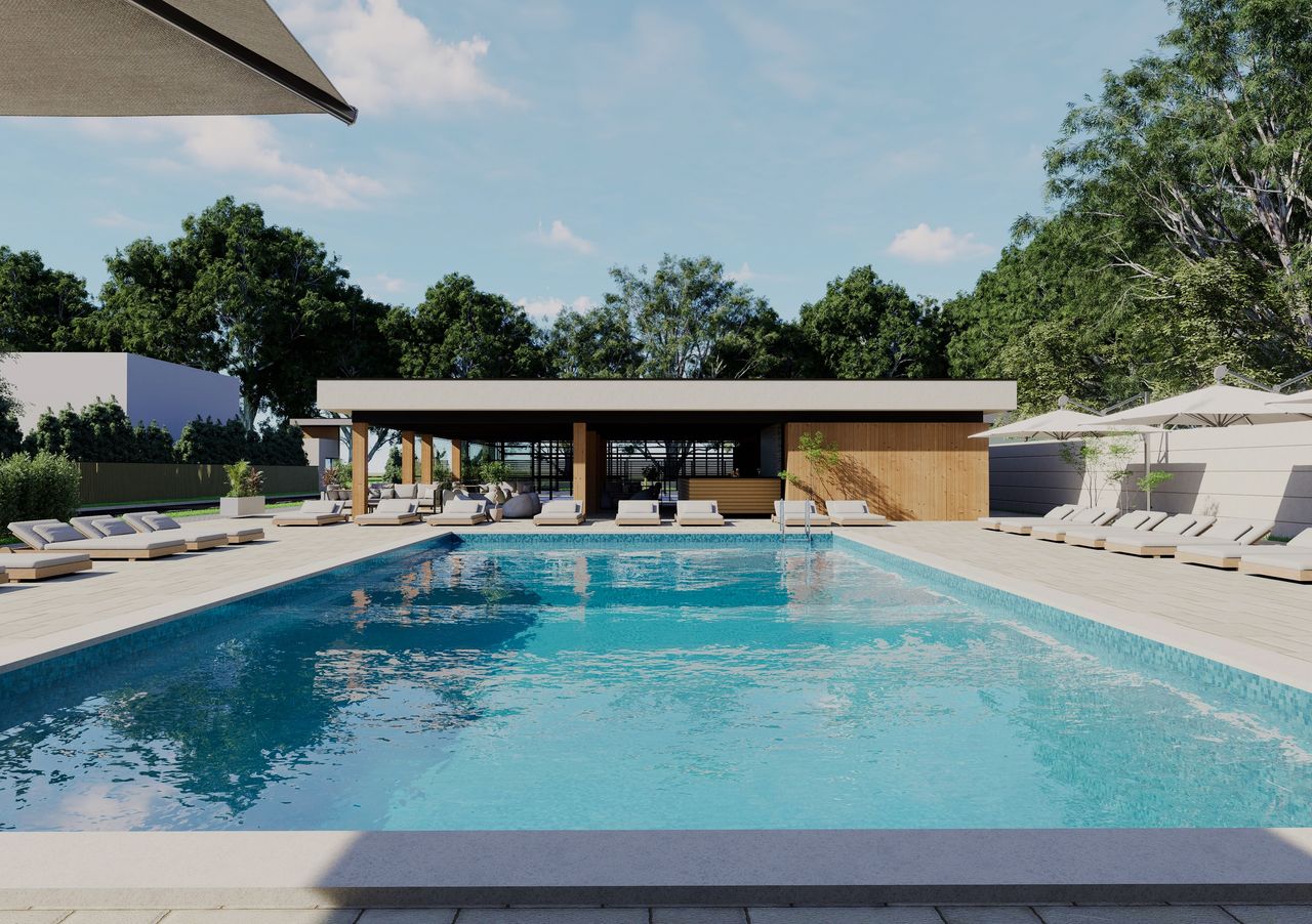 YOLA LAC — piscina și zona de relaxare cu șezlonguri.