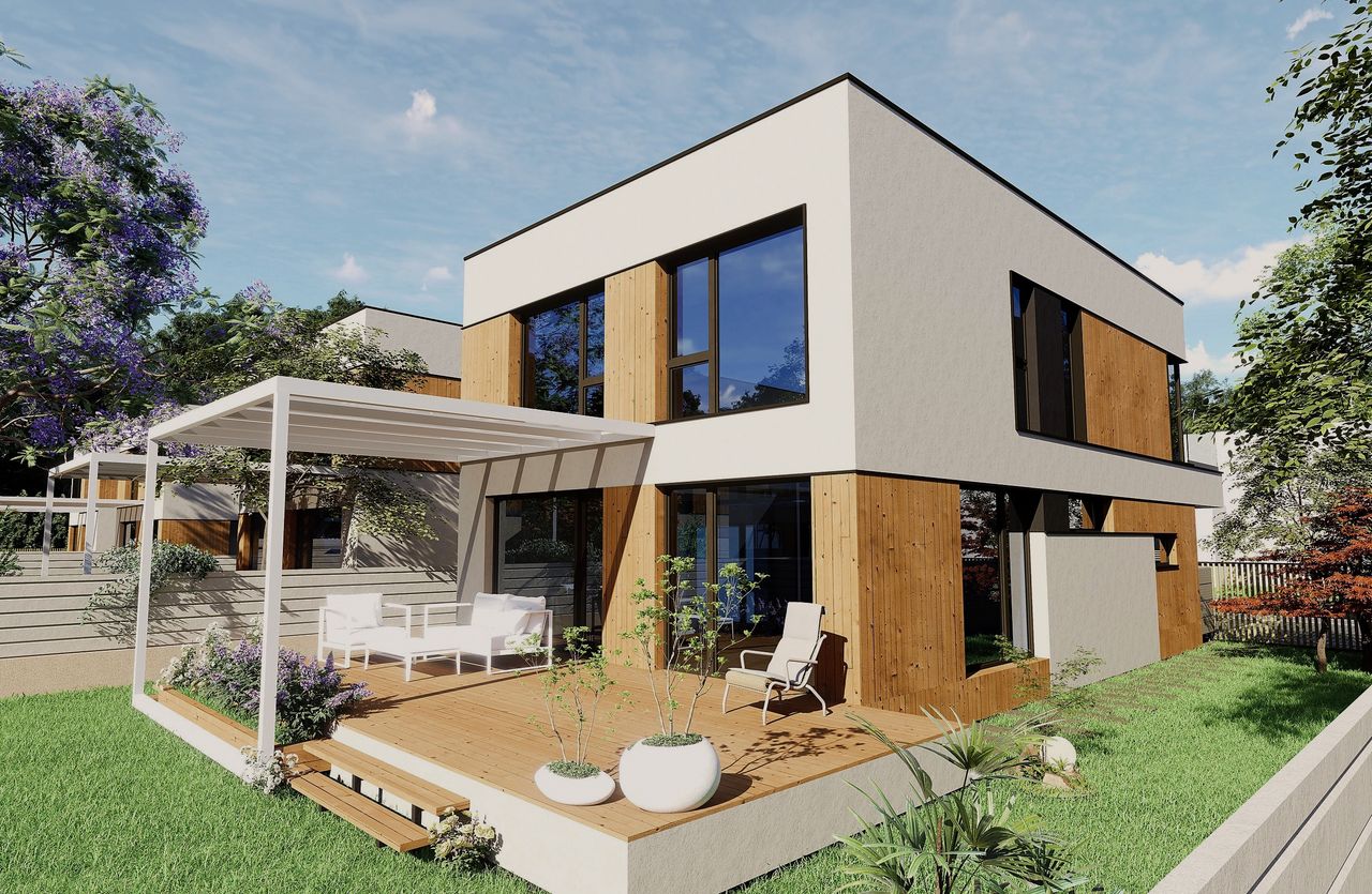 Casă YOLA LAC — vedere dinspre grădină din lateral stânga, cu pergola și terasa de relaxare.